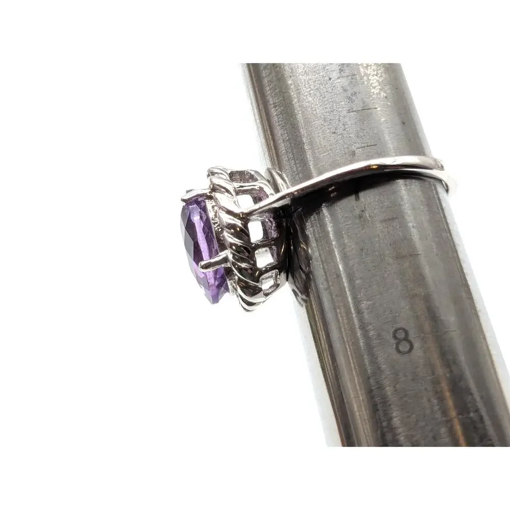 925 Sterling Silver Lg Oval Facet Cut Amethyst Twisted Rope Surround Ring Sz 7